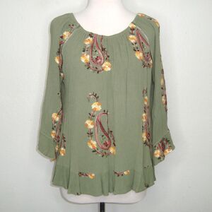 LIV Los Angeles Womens Boho Embroidered Green Crinkled Blouse Size L